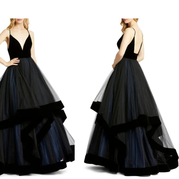 MAC DUGGAL TIERED VELVET & TULLE EMPIRE BLACK BALL-GOWN sz 12 - Picture 3 of 3